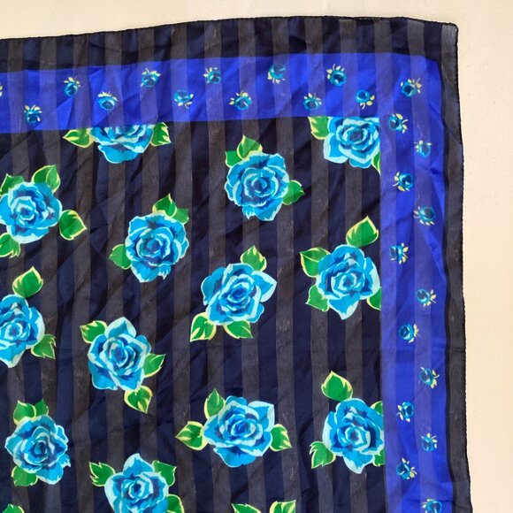 Vintage Blue Roses Rose Flower Scarf Floral 20 X 20" Made in Italy Chiffon Green - Picture 3 of 16